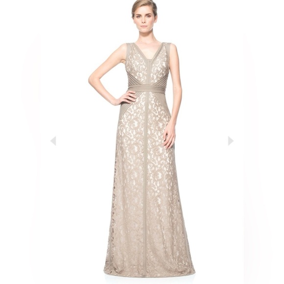Tadashi Shoji-Lace V-Neck Gown with Pintuck Jersey Piping-Size Large - Picture 1 of 12